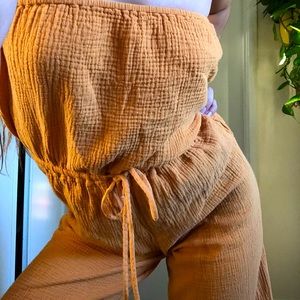 Orange strapless jumpsuit with tie waist🍂
